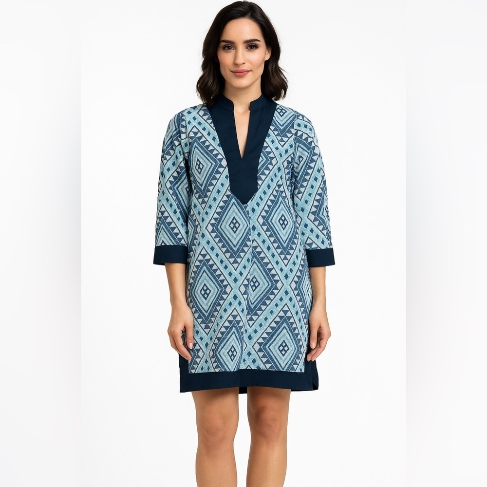 New Chelsea Gunn Blue Diamond print Tunic Dress V-neck beach tropical Moroccan